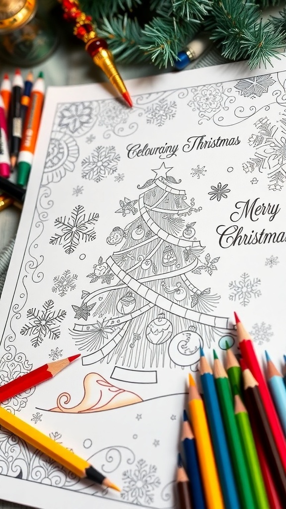 Intricate Christmas coloring page with snowflakes and ornaments, surrounded by coloring materials.
